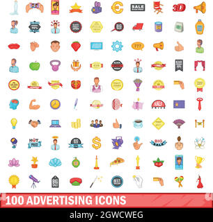 100 advertising icons set, cartoon style Stock Vector