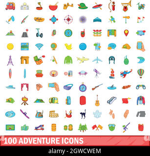 100 adventure icons set, cartoon style Stock Vector