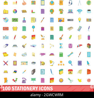 100 stationery icons set, cartoon style Stock Vector