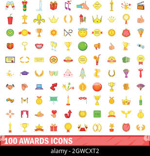 100 awards icons set, cartoon style Stock Vector