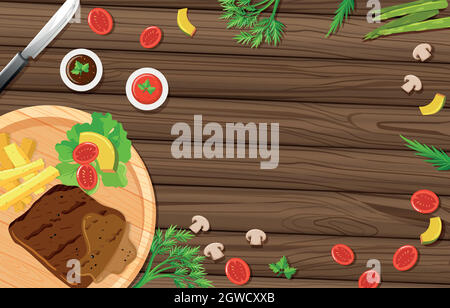 Steak and vegetables on wooden board Stock Vector