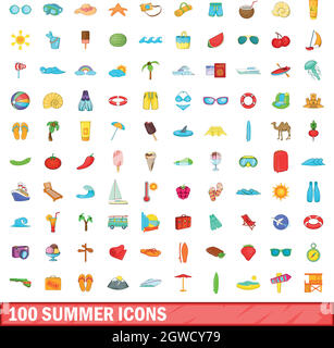 100 summer icons set, cartoon style Stock Vector