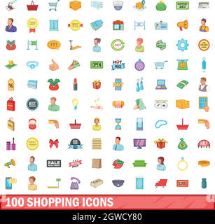 100 shopping icons set, cartoon style Stock Vector