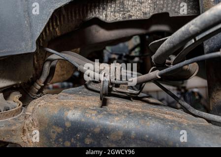 Old Brake Hose System Mounted To The Car Visible Parts Of The Brake System And Tube Fittings Stock Photo Alamy