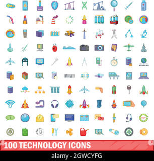 100 technology icons set, cartoon style Stock Vector