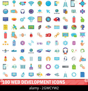 100 web development icons set, cartoon style Stock Vector