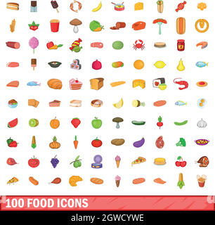 100 food icons set, cartoon style Stock Vector