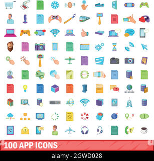 100 app icons set, cartoon style Stock Vector