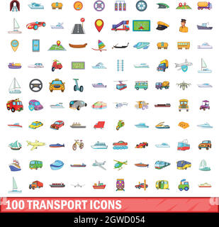 100 transport icons set, cartoon style Stock Vector