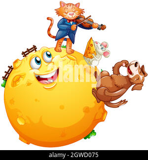 A cat playing violin on the moon with rat eating cheese and cute dog cartoon character isolated on white background Stock Vector