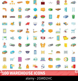 100 warehouse icons set, cartoon style Stock Vector