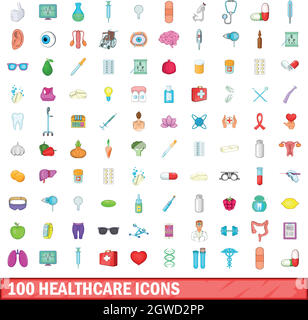 100 healthcare icons set, cartoon style Stock Vector