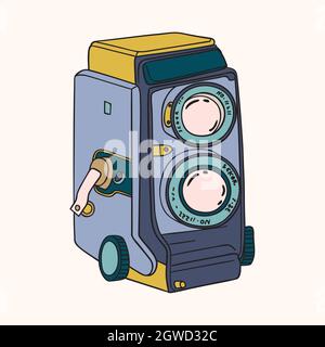 Vintage cameras. Hand drawn polaroid picture. Retro film video. Colored doodles. Stock Vector