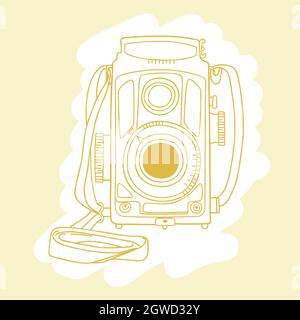 Vintage cameras. Hand drawn polaroid picture. Retro film video. Colored outline. Stock Vector