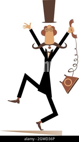 Mustache man in the top hat is in panic illustration.  Upset long mustache gentleman in the top hat with hands up holds a telephone receiver isolated Stock Vector