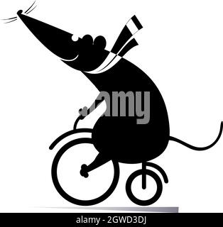 Cartoon rat or mouse rides on the bike illustration.  Funny rat or mouse rides on the bike black on white Stock Vector