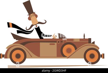 Mustache man in the top hat drives a retro car illustration. Cartoon long mustache man in the top hat drives an old styled cabriolet isolated on white Stock Vector