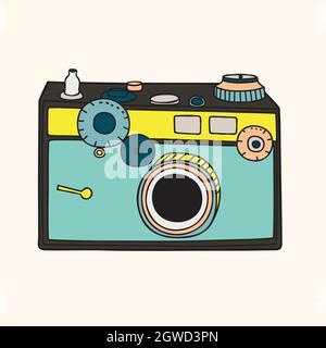 Vintage cameras. Hand drawn polaroid picture. Retro film video. Colored doodles. Stock Vector