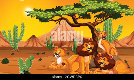 Lion family at desert Stock Vector