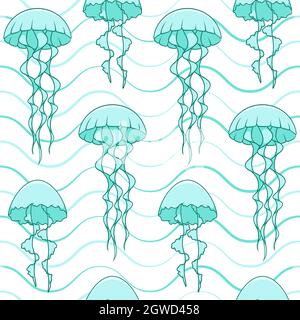 Seamless pattern with jellyfish and waves. Vector marine summer background. Stock Vector