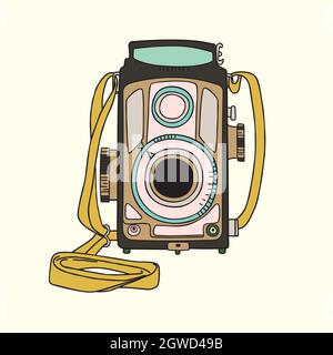 Vintage cameras. Hand drawn polaroid picture. Retro film video. Colored doodles. Stock Vector