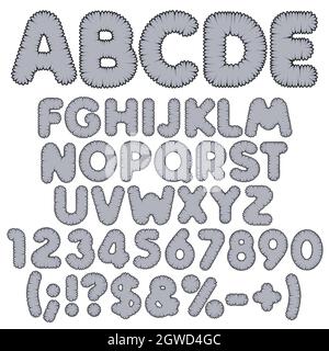 Shaggy color alphabet, letters, numbers and signs. Isolated vector objects on white background. Stock Vector