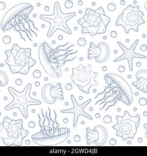 Background with starfish, seashells and jellyfish. Seamless vector pattern. Stock Vector