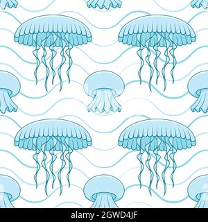 Seamless pattern with jellyfish and waves. Vector marine summer background. Stock Vector