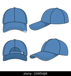 Set of color illustrations with a blue baseball cap. Isolated vector objects on white background. Stock Vector