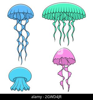 Set of color illustrations with bright jellyfish. Isolated vector objects on white background. Stock Vector