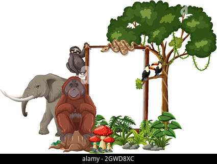 Empty banner with wild animals and rainforest trees on white background Stock Vector