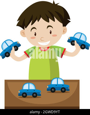 Little boy playing with toy cars Stock Vector