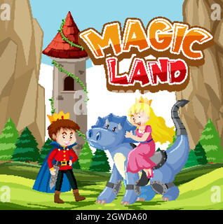 Font design for word magic land with dragon and castle Stock Vector