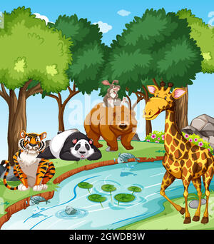 Wild animals in the forest at day time scene Stock Vector