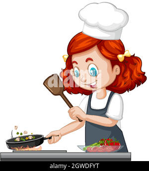 Cute girl character wearing chef hat cooking food Stock Vector