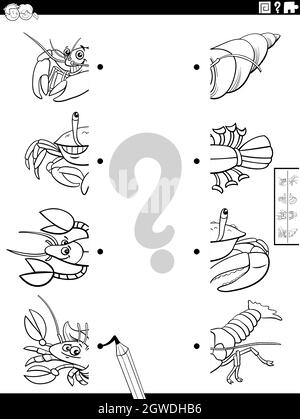 match halves of cartoon animals pictures coloring book page Stock Vector