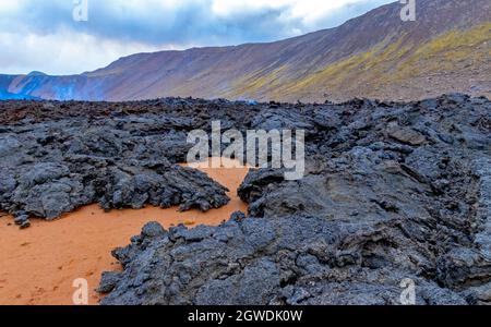 Fagradalsfjall, Iceland - June 11th, 2021: cooling lava, volcano eruption near Reykjavik, Iceland Stock Photo