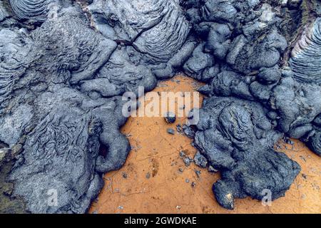 Fagradalsfjall, Iceland - June 11th, 2021: cooling lava, volcano eruption near Reykjavik, Iceland Stock Photo