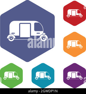 Thailand three wheel native taxi icons set Stock Vector