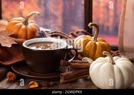 Steming cup of hot chocolate with cinnamon and mini pumpkins by a window with autumn background Stock Photo
