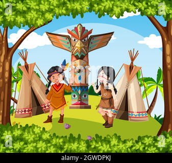 Native american indians at the tribe Stock Vector