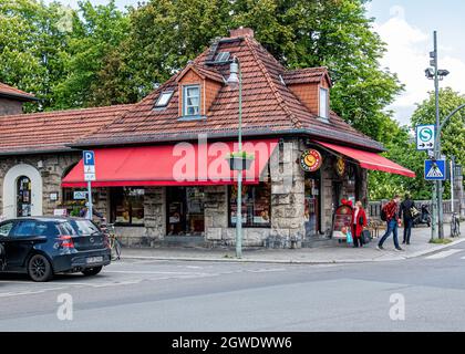 Backer Wiedemann bakery in old stone building In Frohanau, Berlin Stock Photo