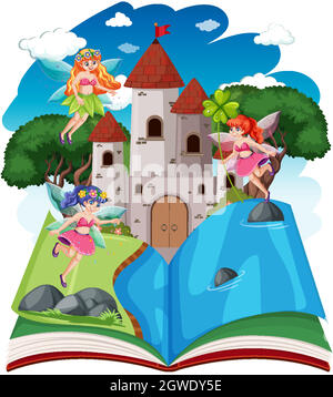 Fairy tales and castle tower on pop up book cartoon style on white background Stock Vector