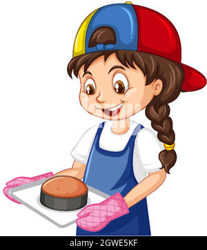 Chef girl wearing chef hat holding baking tray Stock Vector