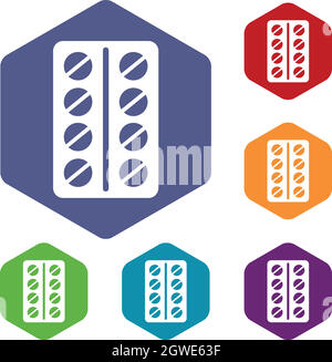 Round pills in a blister pack icons set Stock Vector