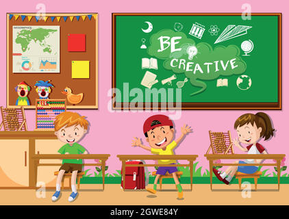 Three kids learning in classroom Stock Vector