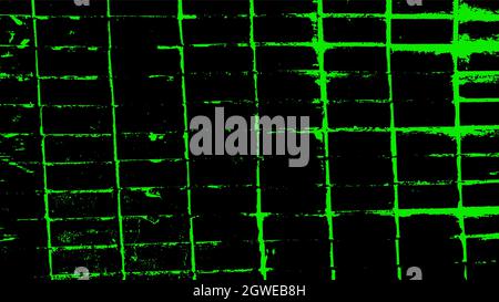 Grunge bright neon grid background. Green scuffs on a black wall. Stock Vector