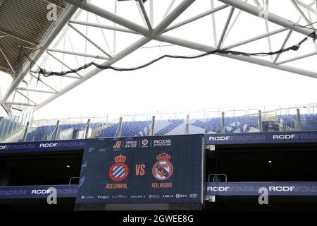 Cornella, Spain. 03rd Oct, 2021. RCDE stadium before match, LaLiga Santander match between Espanyol and R. Madrid at RCDE stadium in Cornella, Barcelona, Spain. Credit: SPP Sport Press Photo. /Alamy Live News Stock Photo