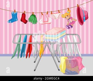 Drying clothes in the house scene Stock Vector