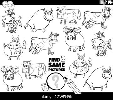 find two same farm animals game coloring book page Stock Vector